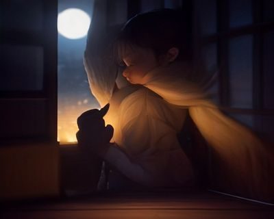 夜间卧室柔和夜灯下妈妈侧躺哺乳宝宝，爸爸在旁边守护，温馨静谧的夜间哺乳场景